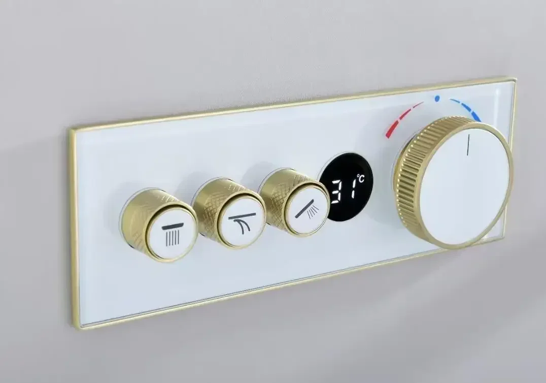 Digital Thermostatic Faucet Cartridges Triple Mixer Valve  Matte Black Brass  Way Water Outlet Mixer Valve for Shower Set Panel