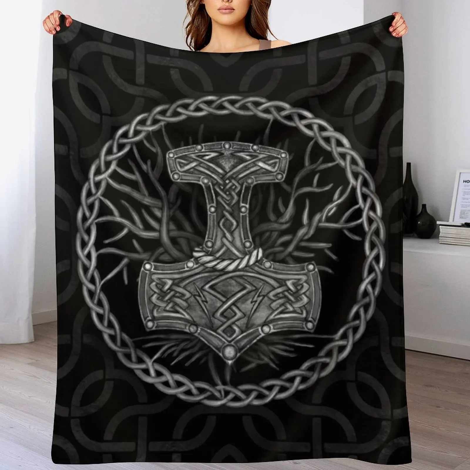 Mjolnir - The hammer of Thor and Tree of life Throw Blanket Luxury St Thermals For Travel Shaggy blankets and throws Blankets