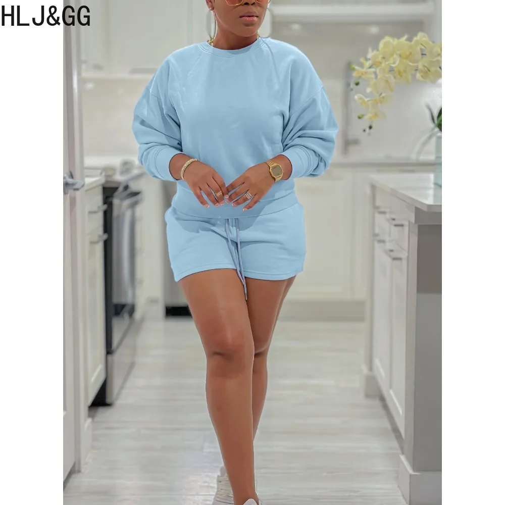 HLJ&GG Blue Casual Solid Color Shorts Two Piece Sets Women Round Neck Long Sleeve Top And Shorts Outfit Female Sporty 2pcs Suits