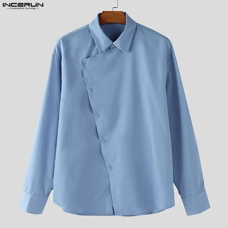 

INCERUN Мужская рубашка сплошной цвет с лацканами и длинными рукавами на пуговицах, повседневные мужские топы, уличная одежда, свободная модная мужская одежда в корейском стиле 2026