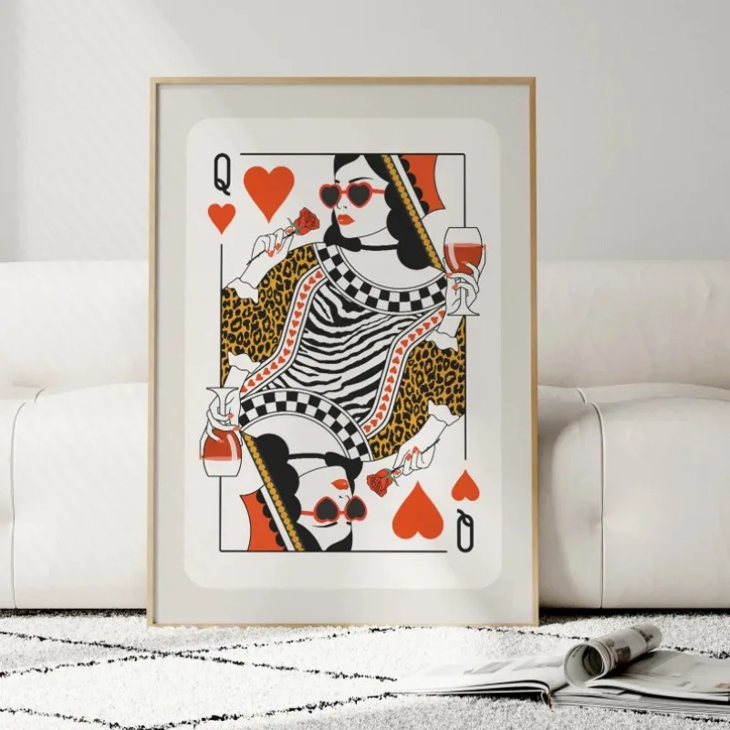 Queen of Hearts Playing Card Poster Trendy Leopard Canvas Painting Gallery Wall Art Bar Cart Girls College Dorm Room Decor Gift