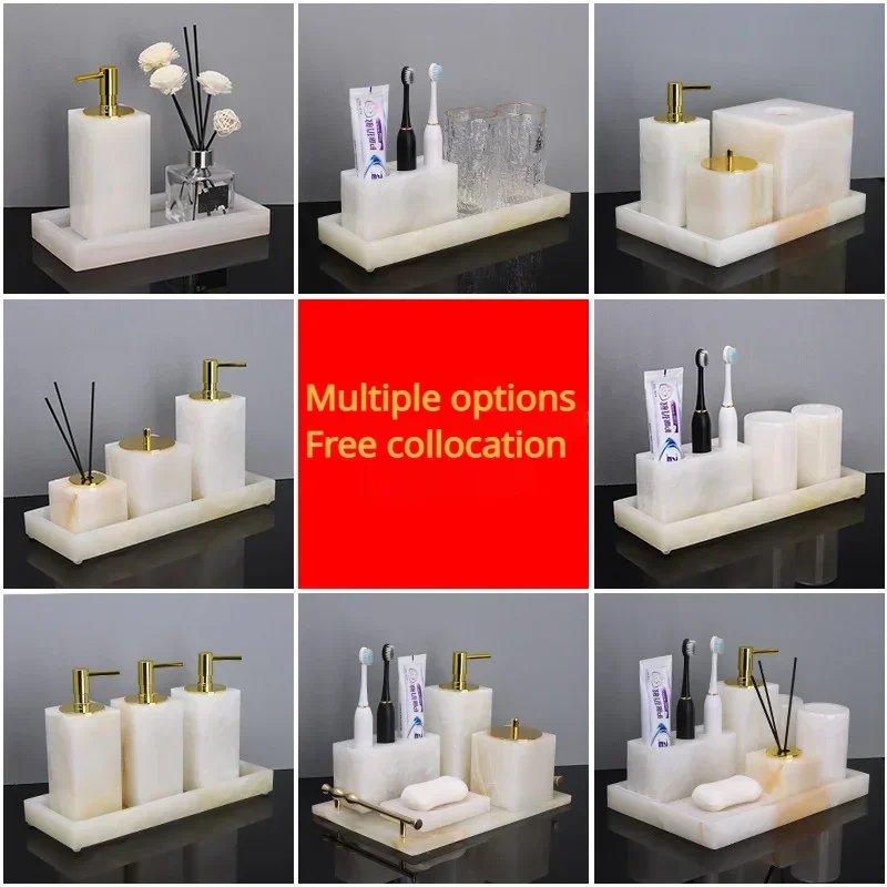 Countertop Bath Freedom collocation,Lotion /Soap Dispenser,Toothbrush Cup Holder Tumbler,Cotton Jar and Vanity Tray,Marble White