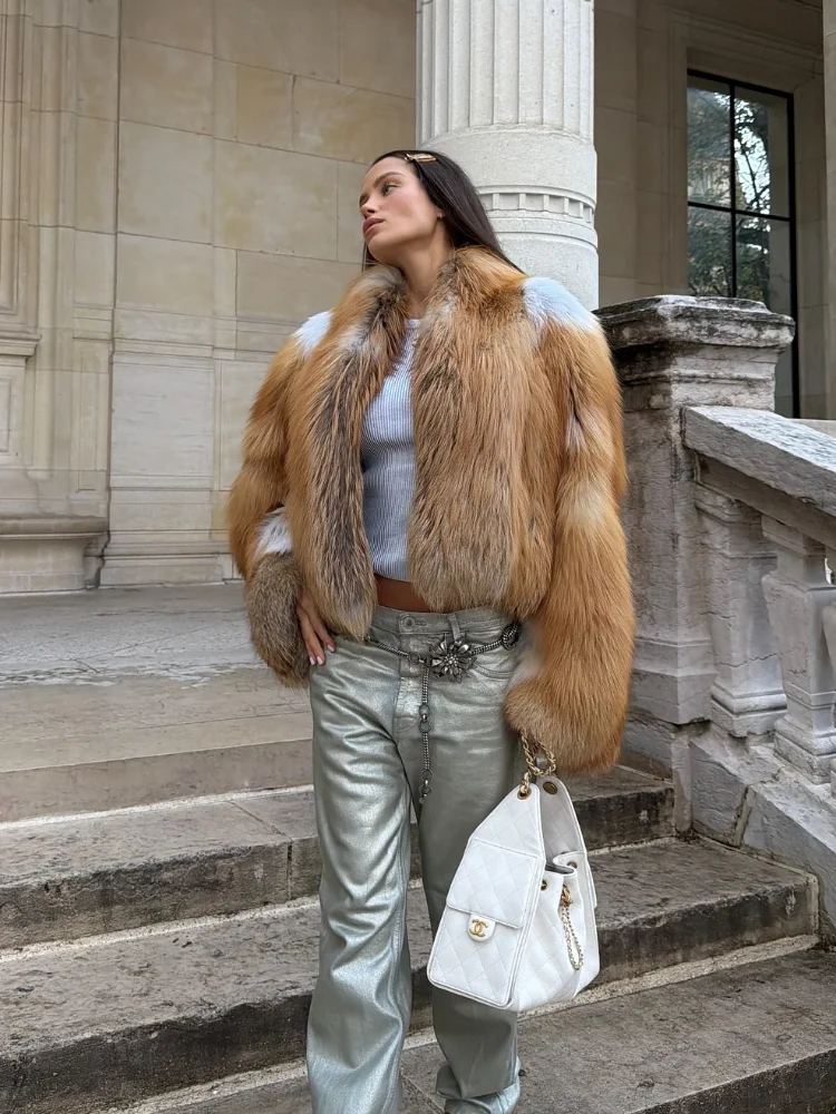 Luxuriöser zweifarbiger Kunstpelz-Kurzmantel für Damen, elegant, volle Ärmel, locker, warm, abgeschnittene Jacken, 2025, für Damen, Winter, Street Fashion, Oberbekleidung