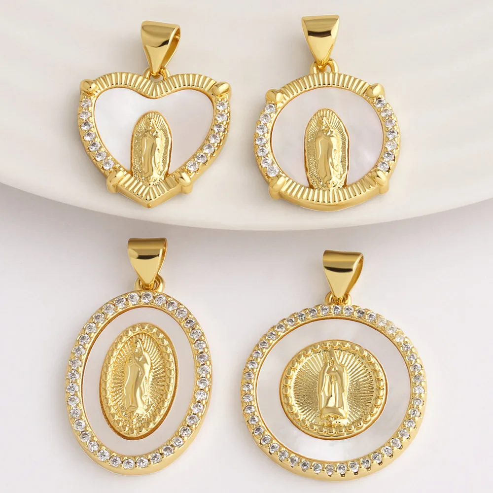 OCESRIO Gold Plated Shell Crystal Virgin Mary Pendant for Necklace DIY Religious Heart Round Jewelry Making Supplies pdta310