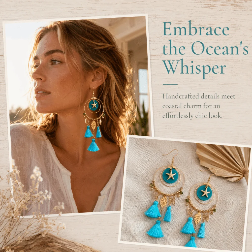 Vintage Tassel Dangle Earrings Geometric Shape Starfish Shell Bohemian Style Earrings Alloy Material Feather Accent