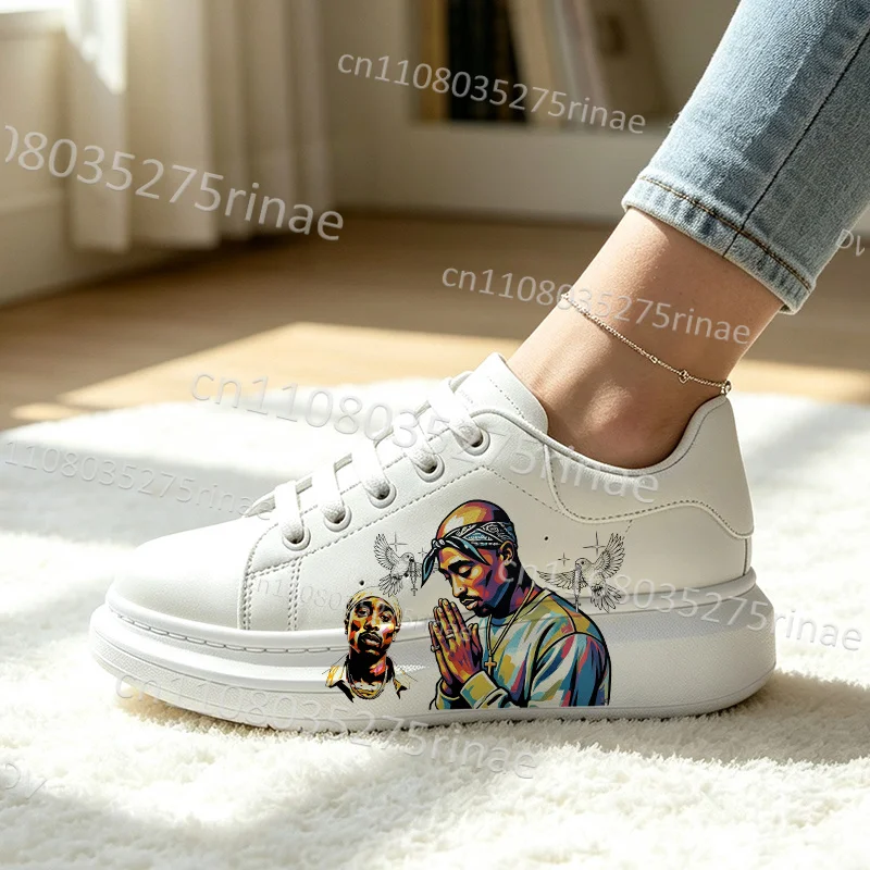 Street Pop Art Figure Rapper Tupac Print Men White Platform Sneakers Lace‑Up Thick Sole Fashion Daily Woman Walking Shoes 2Pac