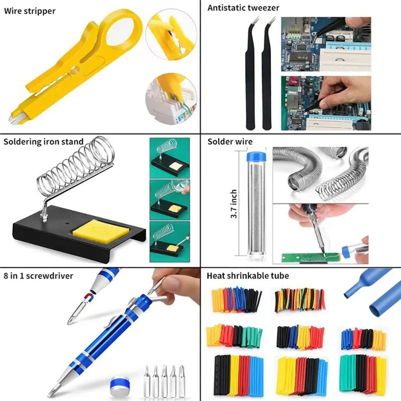 

KSOL Soldering Iron Kit, 60W/110V Adjustable Temperature Soldering Iron with Digital Multimeter Stand Soldering Tips US Plug