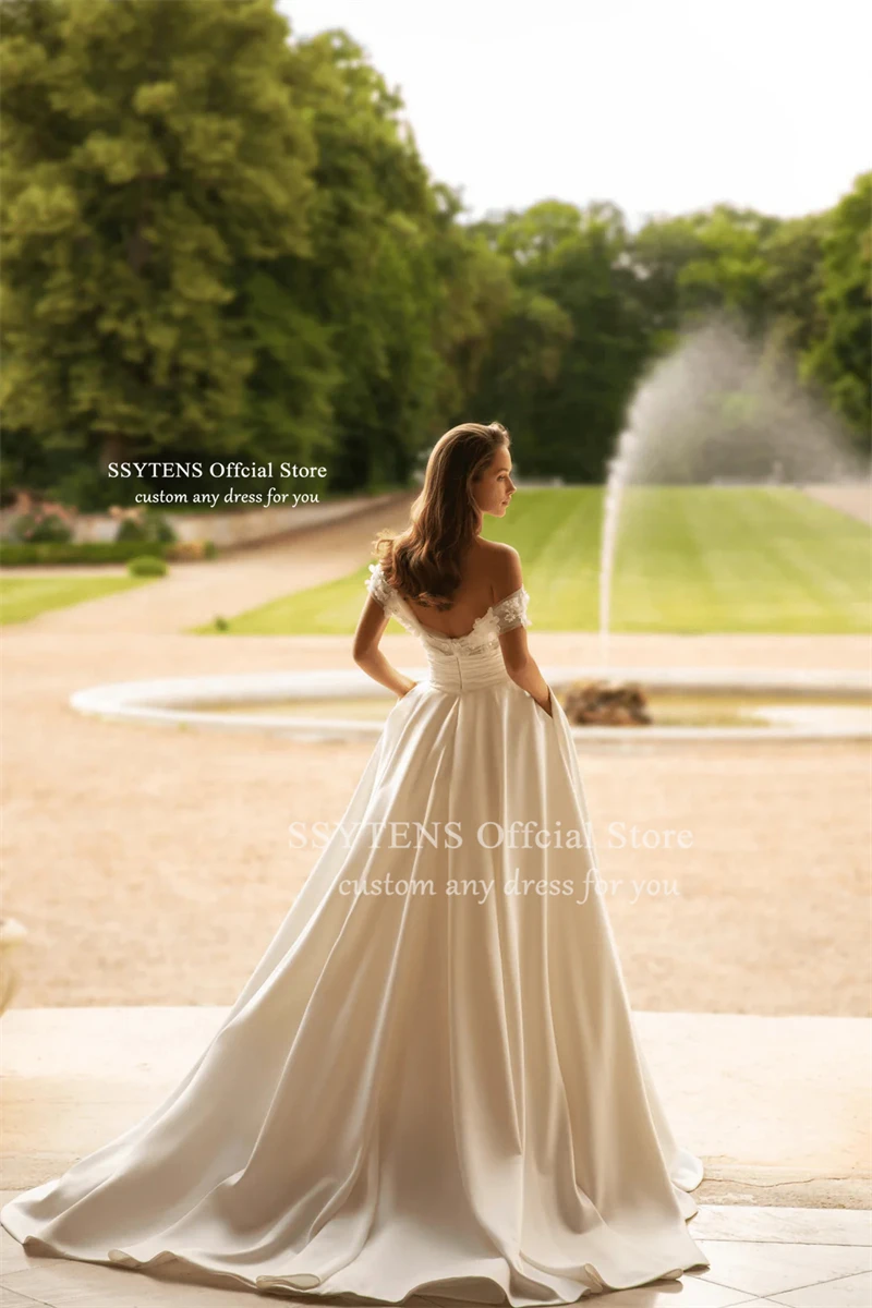 SSYTENS Vintage schulterfreie Brautkleider, schulterfrei, Applikationen, Brautkleider, Satin, rückenfrei, Brautkleid für Damen, individuell