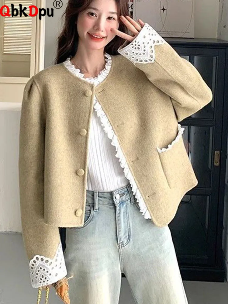 

Осень-зима, кружевной дизайн, верхняя одежда, корейская мода, шерстяные однобортные куртки с круглым вырезом, женские повседневные Chaquetas с длинными рукавами, новинка