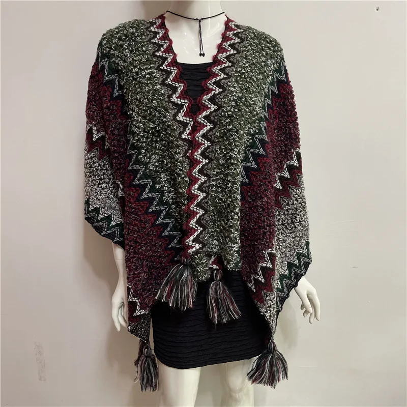 Spring Autumn Tibetan National Style Girl Shawl Cloak  Thick Knitted Tassel Scarf Shawl Dual Purpose Lady Cardigan Coat Red