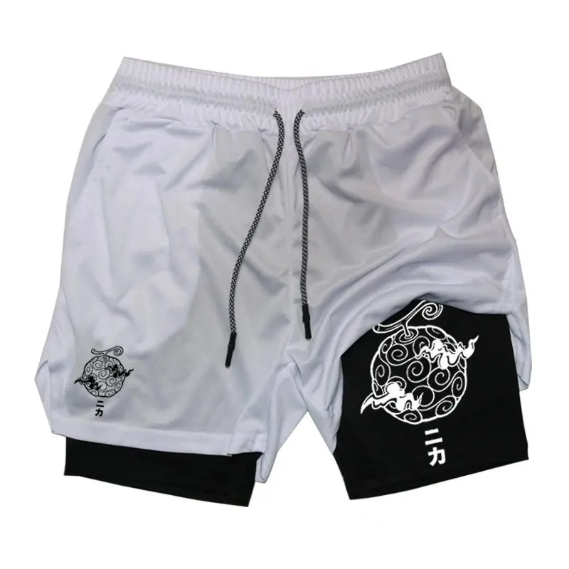 One Piece Nika Anime Men Gym Shorts Streetwear Casual Double-layer Sports Pants Graphic Print Elastic Waist Summer Sportswear