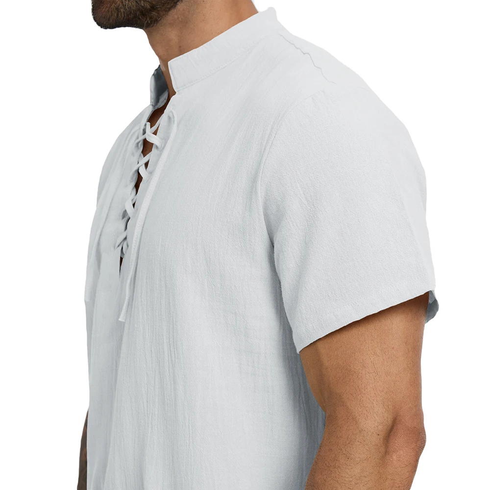 Herren-T-Shirt aus Baumwolle und Leinen, Sommer, atmungsaktiv, leicht, Henley-Ausschnitt, zum Schnüren, modisch, kurzärmelig, für Herren, lässige T-Shirts – Detail 6