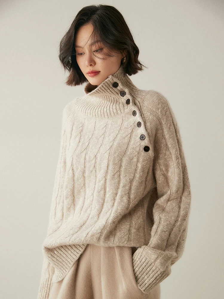 Luxury Women 100% Cashmere Sweater Vintage Loose Style Cable Knit Pullover Buttons Turn Down Collar Sweater Autumn Winter Tops