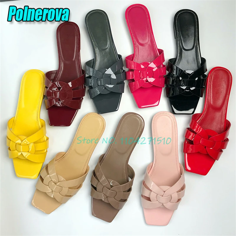 Summer Woven Hollow Slippers for Women Fashion Patent Leather Square Toe Flat Sandals Outdoor Versatile Women's Casual Shoes