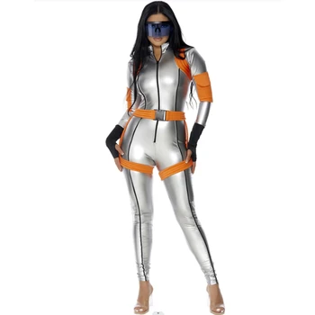 Halloween Cosplay Astronaut Alien Women's Adult Tight Fitting Space Suit Zipper Jumpsuit Cos Silver Space Station Agent Costume