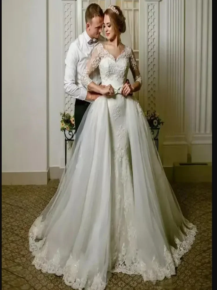 Customized Sweetheart Lace Appliques  Mermaid Wedding Dress with Removable Skirt  Long Sleeves African Arabic Bridal Gowns