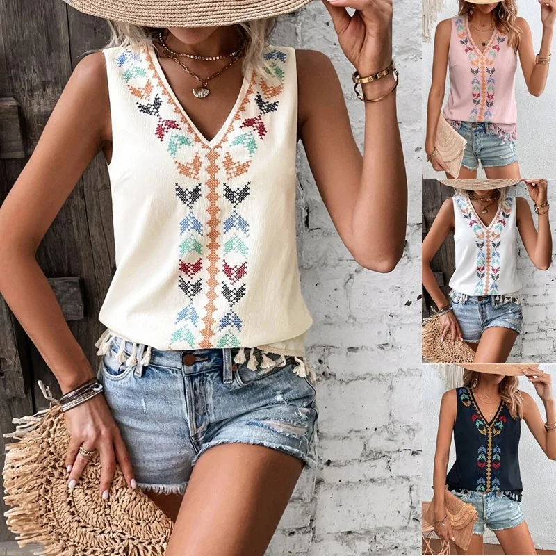 

2024 Summer Women's Ethnic Style V-neck Vest Embroidered Spliced Bottom Fur Vest Top