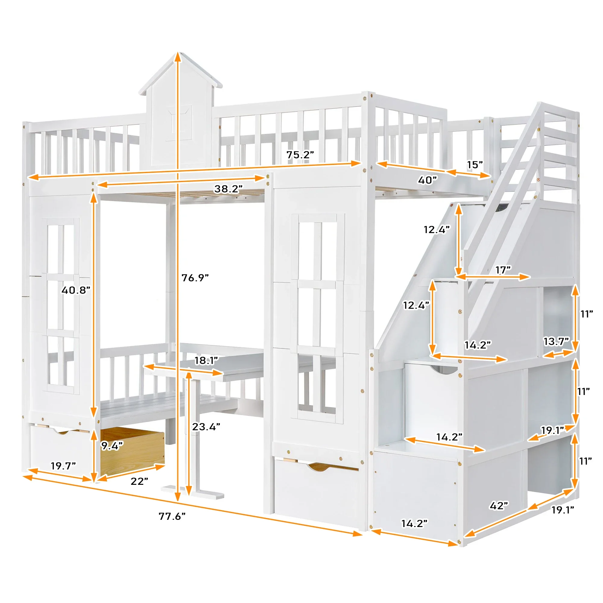 Twin-Over-Twin Bunk Bed with Changeable Table , Bunk Bed Turn into Upper Bed and Down Desk with 2 Drawers - White