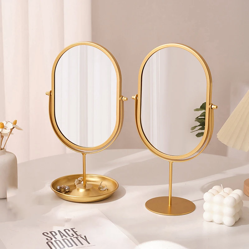 

Новое настольное зеркало для макияжа, бытовое косметическое зеркало для спальни, железный каркас, овальные косметические зеркала, два стиля, плоская основа и основа для хранения