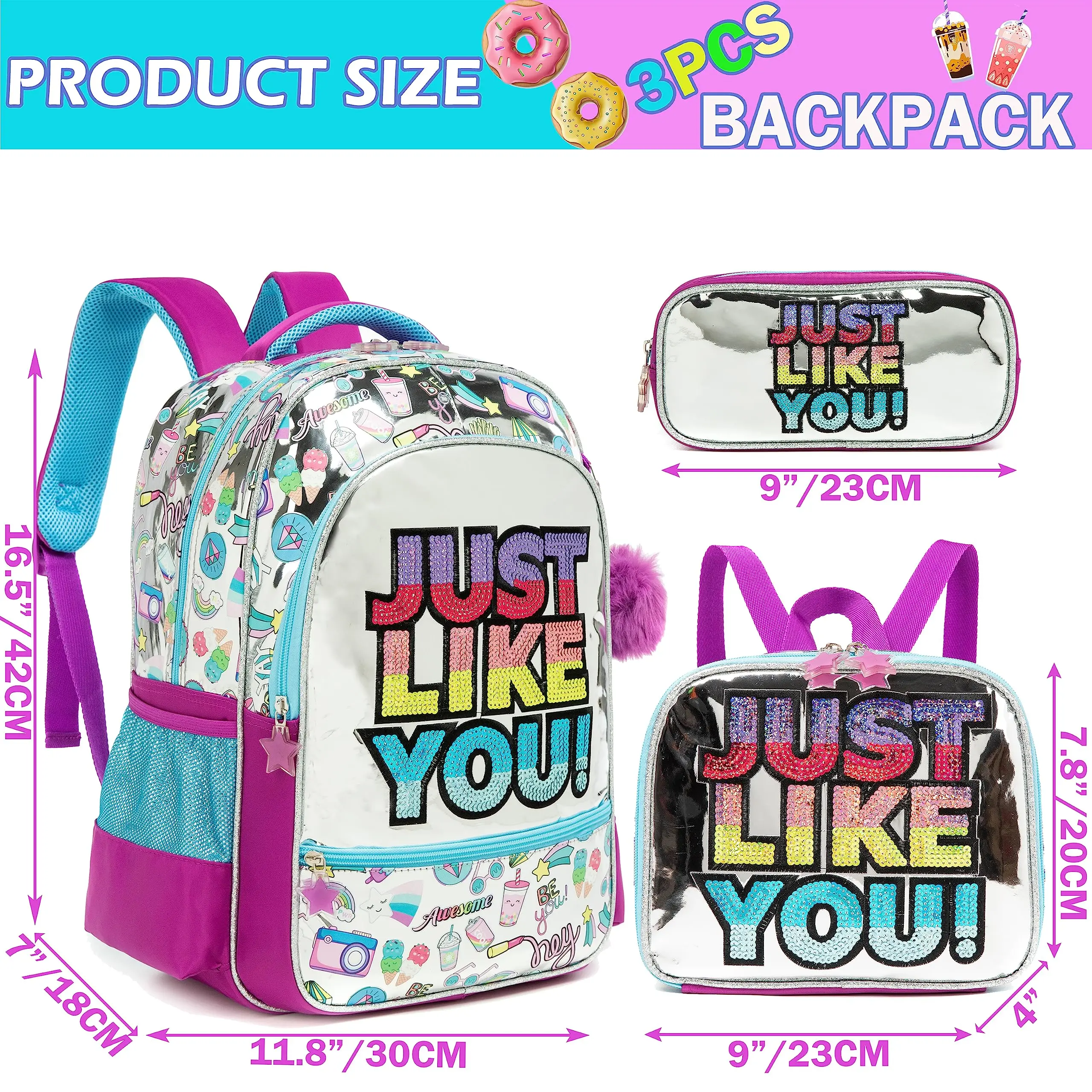 Kids School Bag for Girls Backpacks for Elementary Kindergarten Students Travel Bag with Lunch Box Pencil Case for Girls