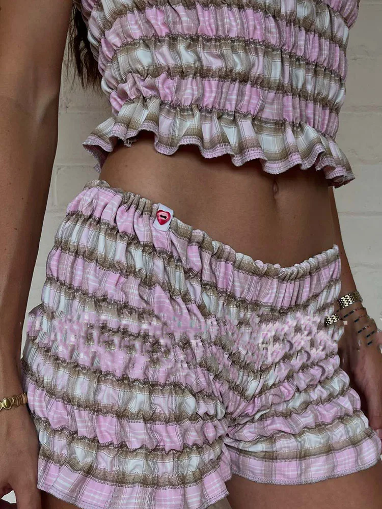 

Грайливый сексуальный клетчатый принт, облегающий комплект из двух предметов, женский модный топ без рукавов с круглым вырезом + шорты, элегантные пляжные костюмы для отдыха