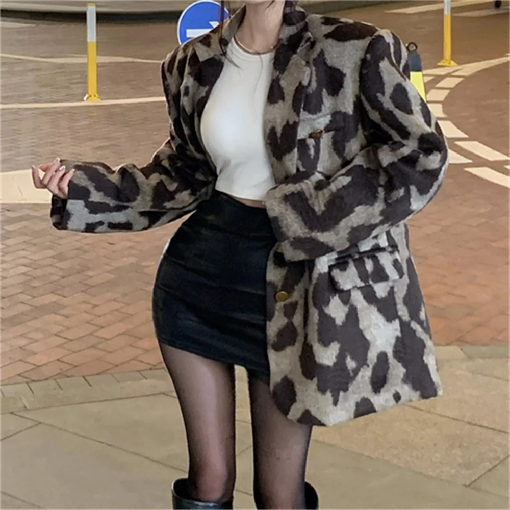 Alien Kitty Women Leopard Blazers Full Sleeve Winter Cotton Padded Vintage Fashion New Slim Office Lady Animal Printed Coats