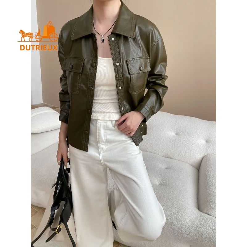 2025 Spring and Autumn Women's Fashionable Loose Real Leather Jacket, 100% Genuine Sheepskin, Casual Motorcycle Coat for Women.