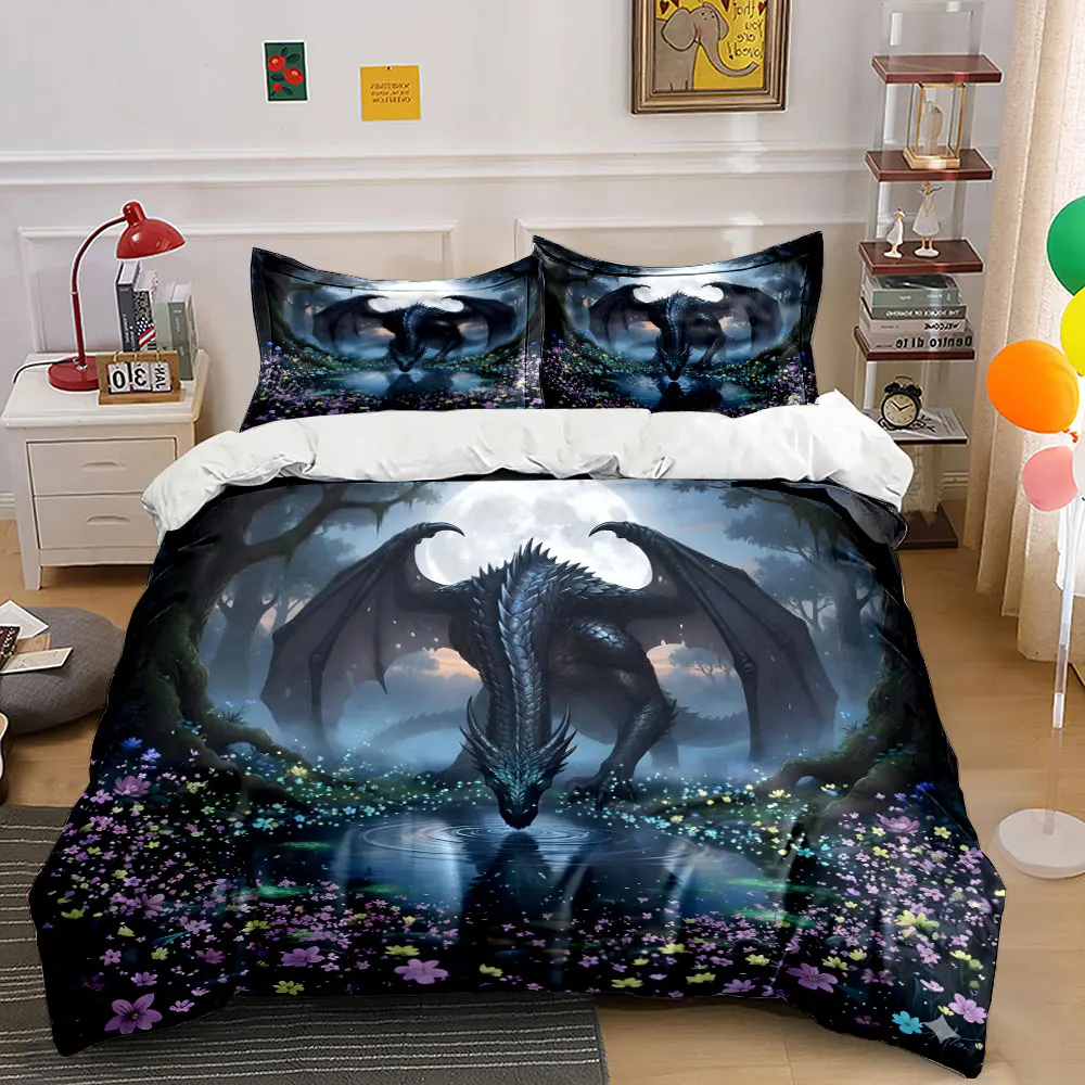 Dragon drinking under moonlight Pattern Duvet Cover Set Digital Print Colorful Polyester Bedding with Zipper Closur for gifts