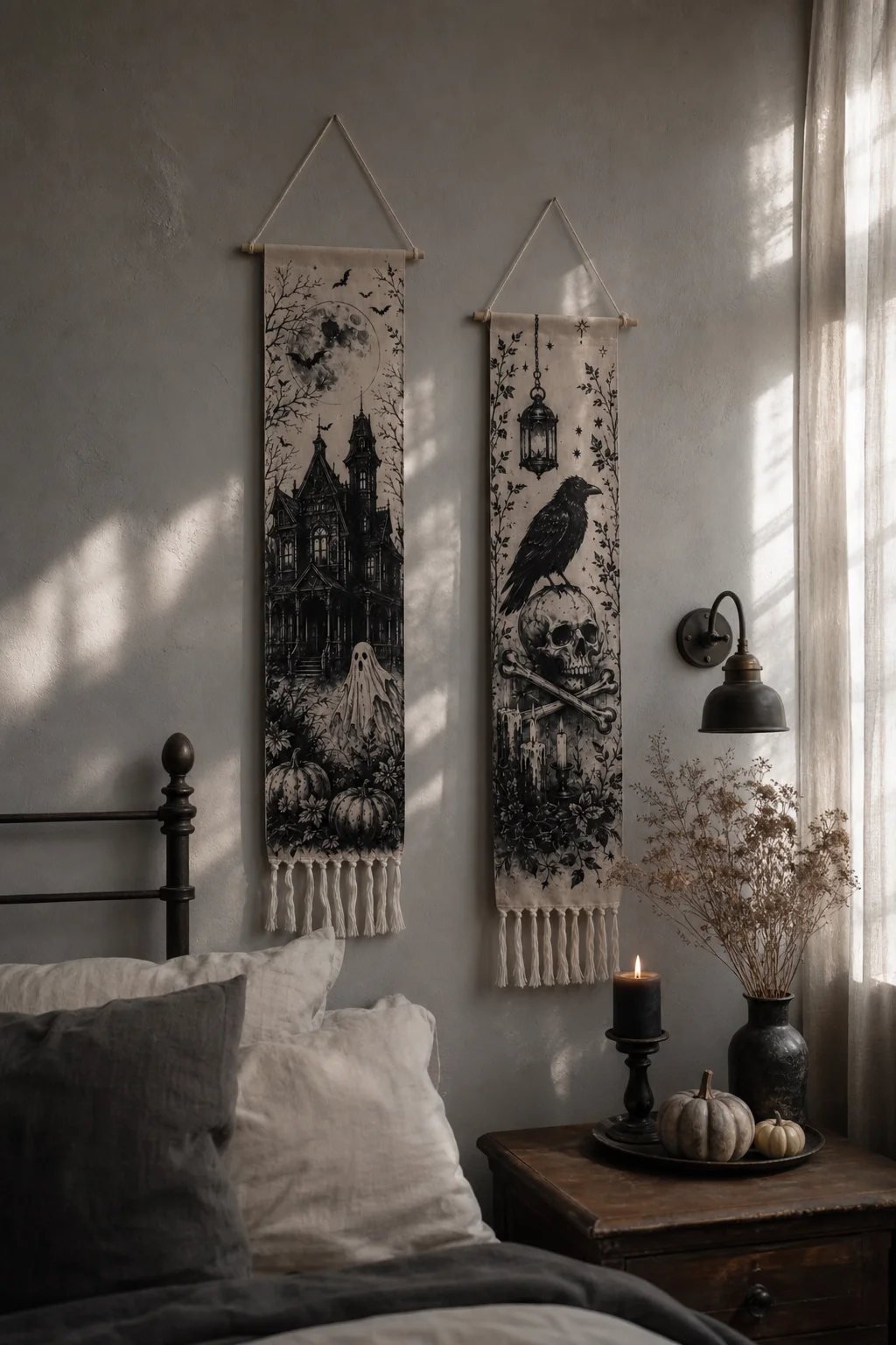 Halloween-Wandteppich mit Quasten, Gotische Hexe, Schwarze Katze, Krähe, Geisterhaus, Totenkopf-Druck, Vintage Grusel-Wandbehang Deko – Detail 5