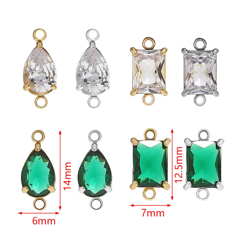 4PCS Stainless Steel Rhinestone Square Drop Link Connector Charms Bulk With Double Hole For DIY Necklace Bracelets