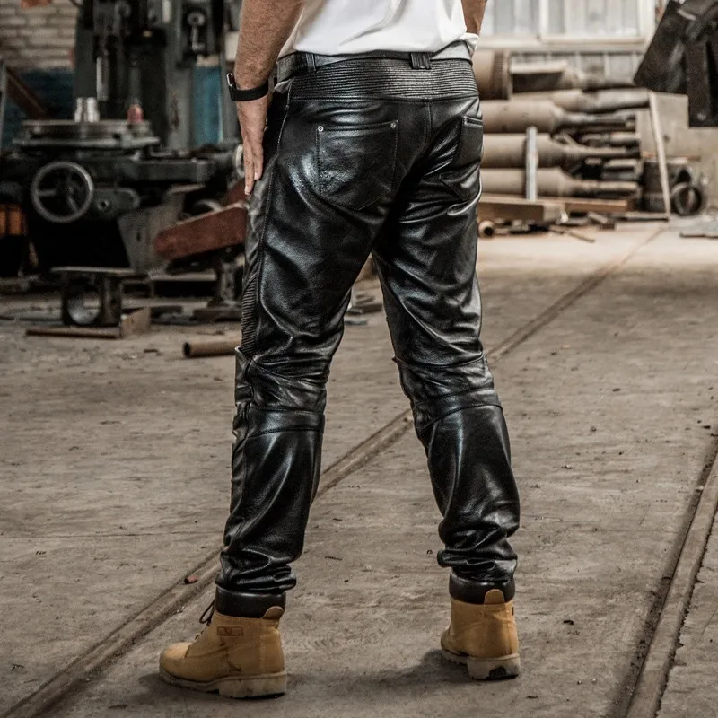 Genuine leather leather pants men's casual professional biker can be installed protective gear Slim yellow cowhide long pants