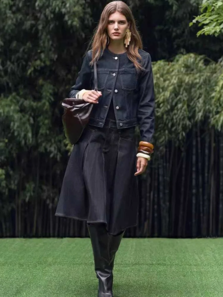 

Весенне-осенняя новая женская модная длинная све круглая джинсовая куртка Ne, универсальная декоративная хлопковая верхняя одежда прямого кроя