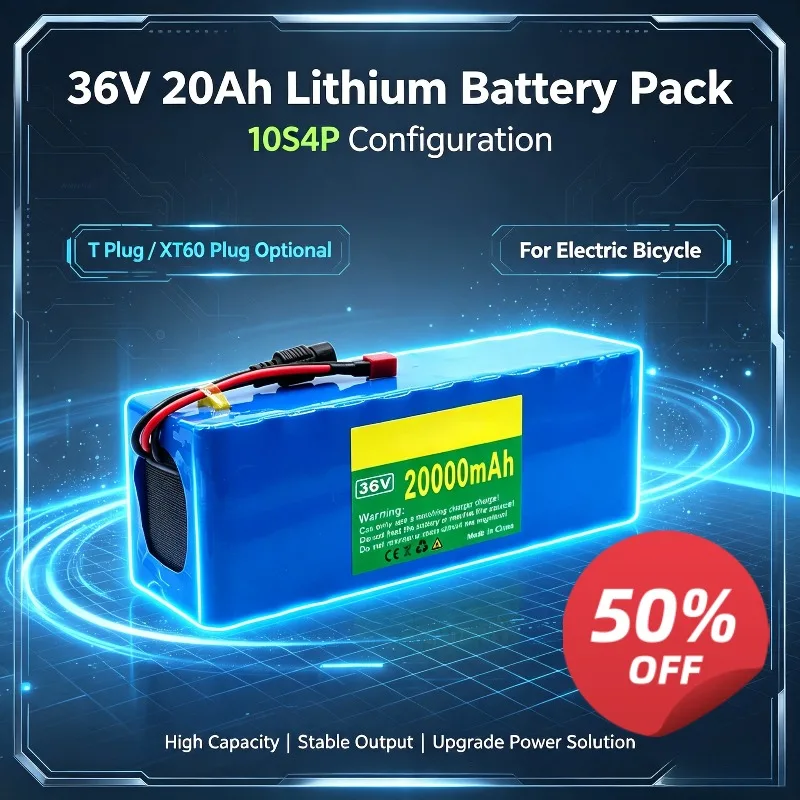 For Electric Bicycle Scooter 36V 20Ah Lithium Ion Battery Pack 10S4P with BMS T‑plug / XT60 Plug Optional with 42V EU Charger