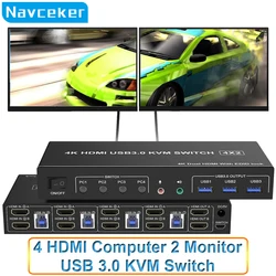 4 Port HDMI USB 3.0 KVM Switch 4X2 Dual Monitor 4K@60Hz Extended Display DP KVM Switch 4 In 2 Out for 4 PC Share Keyboard Mouse