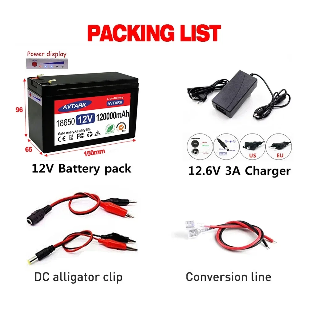 12V 120Ah 18650 lithium battery for Solar Panels 30A built-in high current BMS electric vehicle battery +12.6V charger