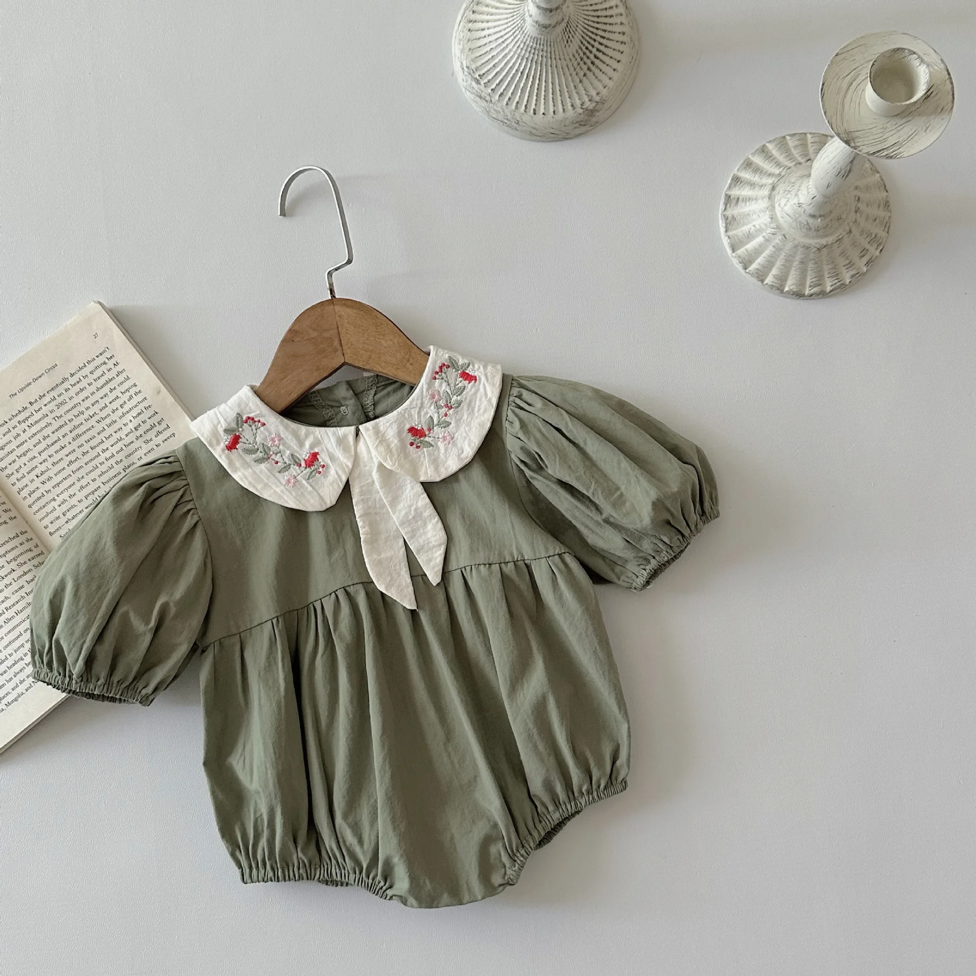 

2025 Summer New Baby Girl Embroidery Peter Pan Collar Bodysuit Infant Toddler Puff Sleeve Jumpsuit Newborn Cotton Clothes 0-24M