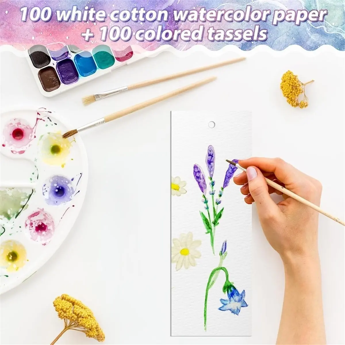 200 Pcs Watercolor Paper Blank Bookmarks with Colorful Tassels DIY Book Marks Kit Cotton Watercolor Paper Bookmarks