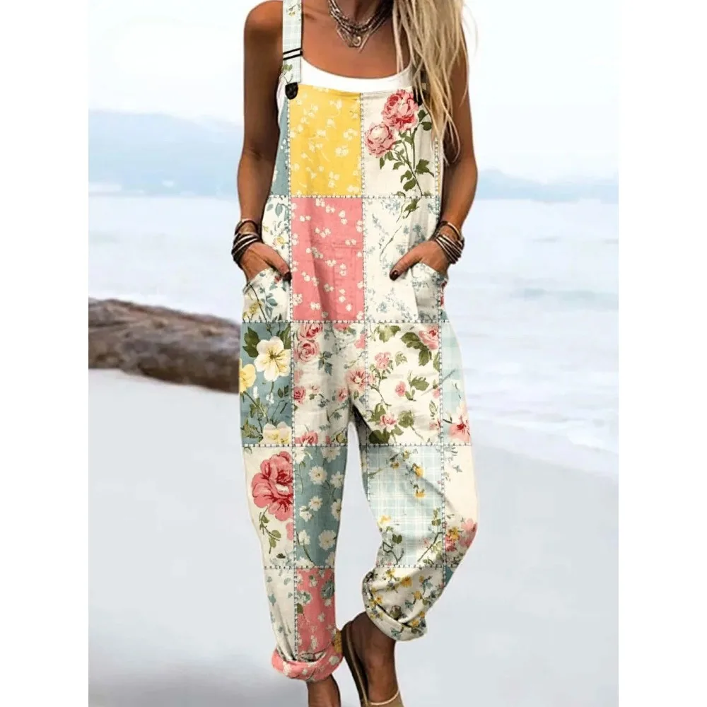 

Женский комбинезон с цветочным принтом и регулируемыми бретелями, шикарный комбинезон в стиле бохо, винтажный комбинезон, сельская местность, наряды свободного покроя