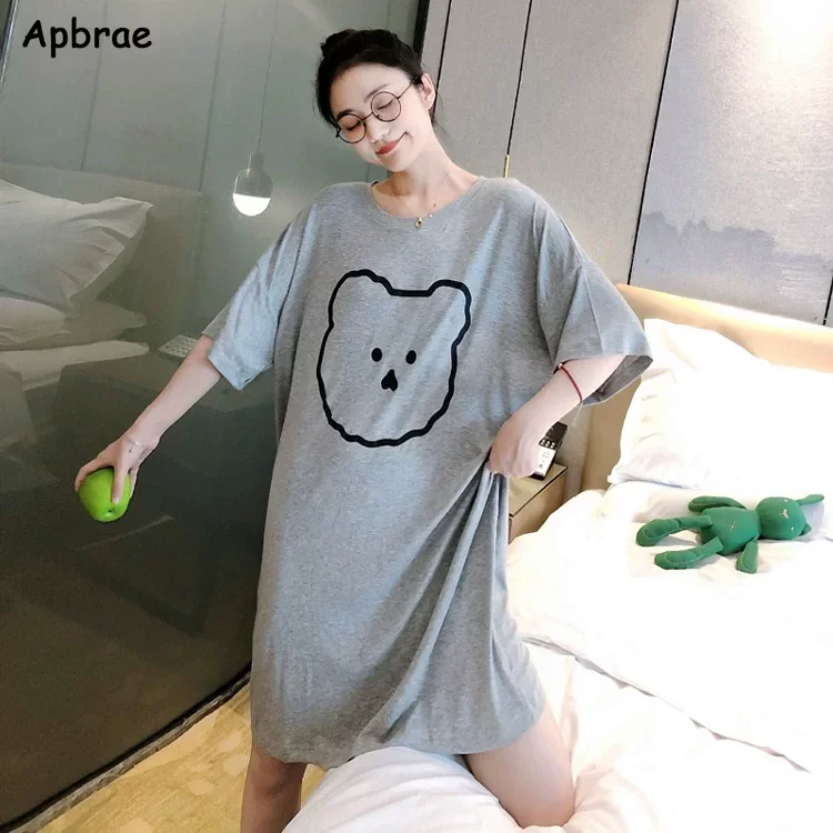 Cute Long Nightgown Summer Woman Milk Silk Kawaii Nightdress Stripe Animal Korean Pajamas Sleepwear Ins Round Collar Home Dress