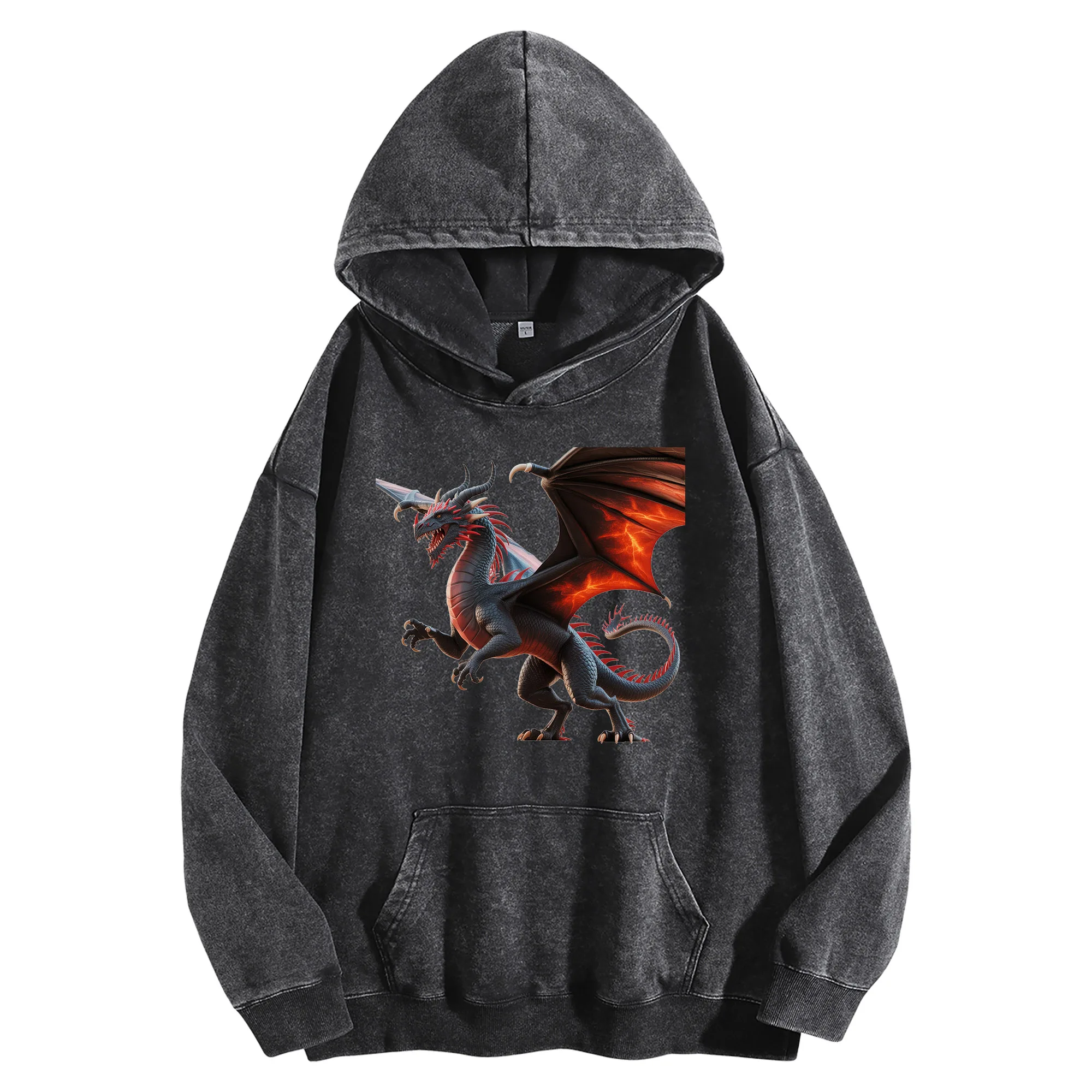 Fire Dragon Vintage Washed 400G Graphic Hoodie Unisex Oversized Streetwear Pullover Christmas & New Year Gift