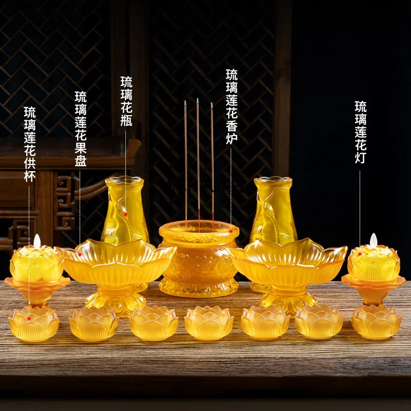 Household Glass Worship Ornaments Incense Burners Water Cups Fruit Plates Vases Buddhist Supplies Prayer Tools
