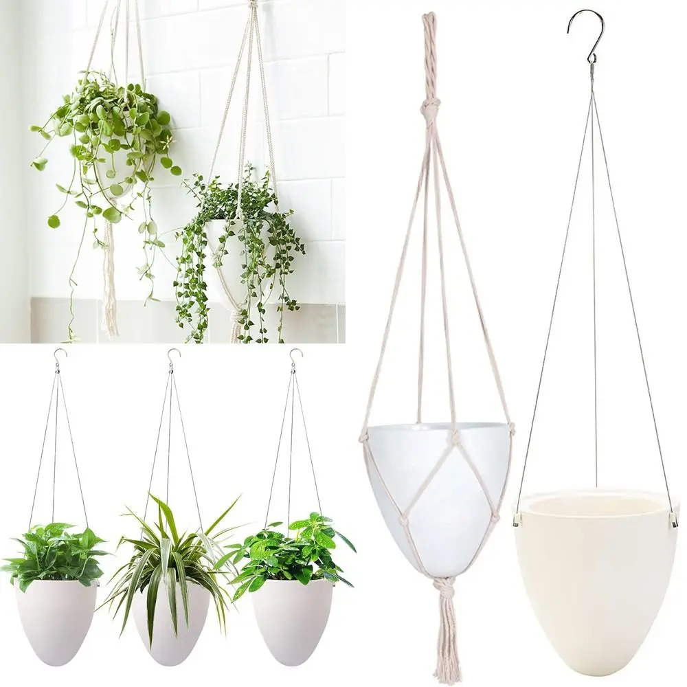White Self Watering Plant Pot Eggshell Shape Water Storage Plant Container Cotton Rope Net Self Watering Planter Home Decoration