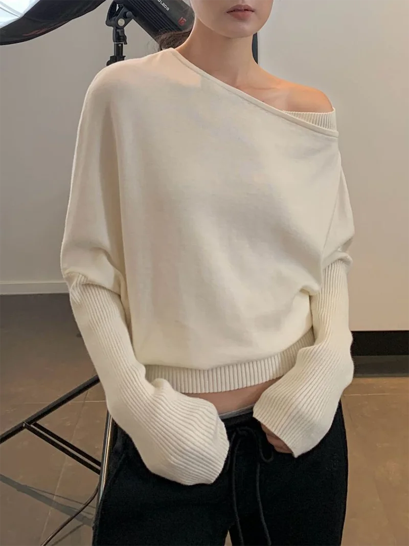 

Асимметричный свитер с открытыми плечами, хлопковый кашемировый джемпер на одно плечо