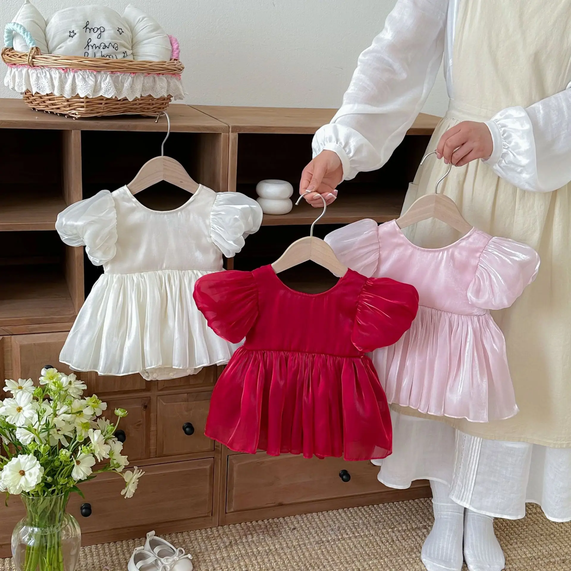 2026 Summer New Baby Girl Short Sleeve Dress Solid Infant Girl Cute Puff Sleeve Princess Dress Toddler Birthday Dress 0-24M