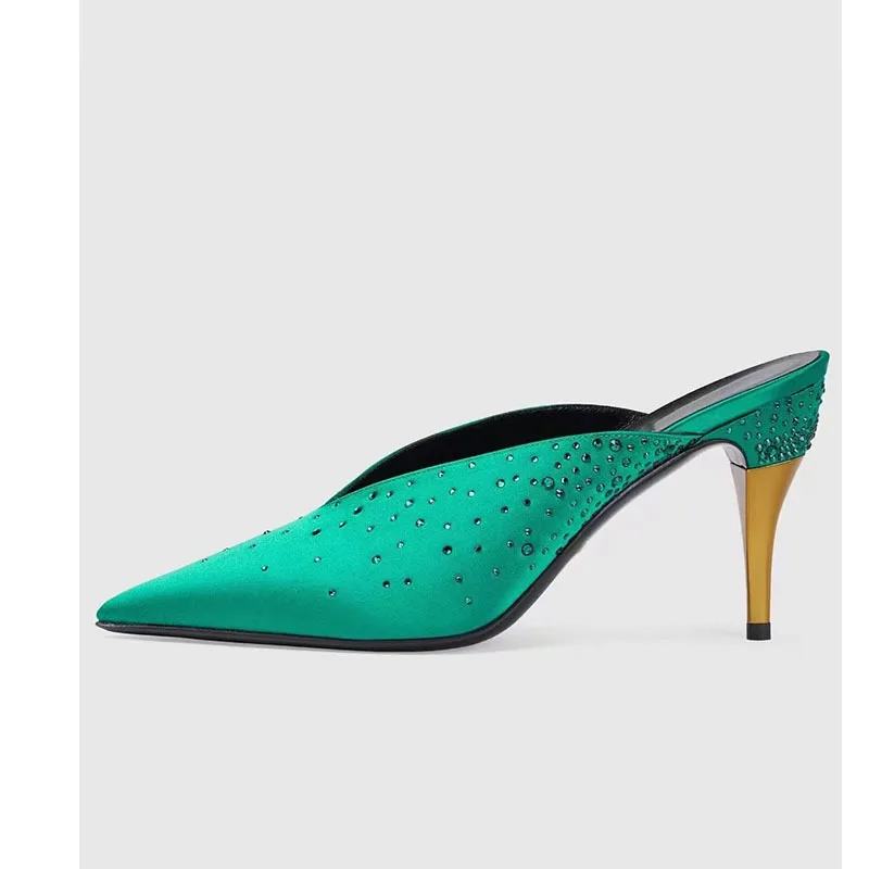 

Metal High Heel Pointed Rhinestone Slippers Satin Slip-On Sexy Banquet Mules Comfortable Stiletto Women Shoes Sandalias Mujer