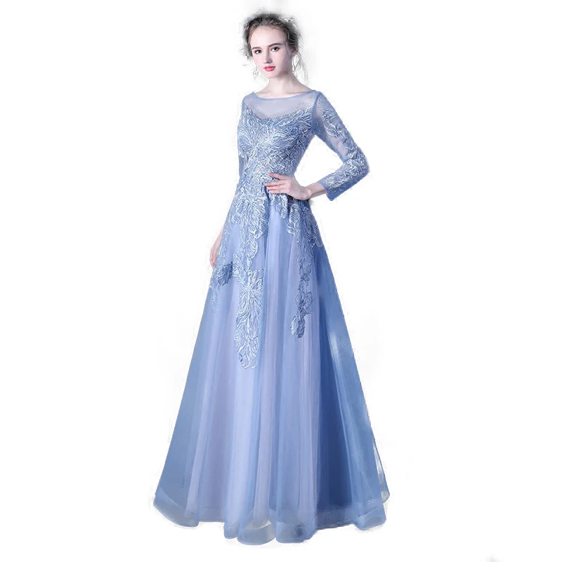 

Dusty blue bridesmaid dress long sleeve SCOOP neck tulle appliqué sheer sexy vestidos de fiesta para bodas long Evening gown pro