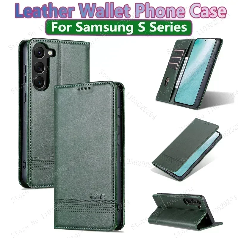 Samsung Galaxy S24 S24P S24U S23 S22 S21 S21FE S20 S10 S9 S8Magnetic Card Slot High-end Genuine Cowhide Wallet Mobile Phone Case