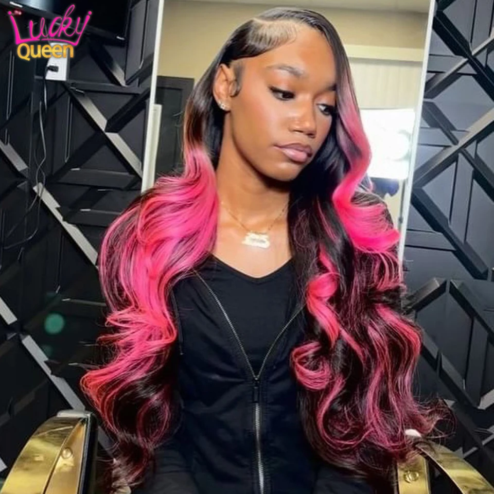 

1B Pink Highlight Lace Front Wig Human Hair Pre Plucked 13x4 Body Wave Black and Pink Wig 180% Density Frontal Wigs For Women