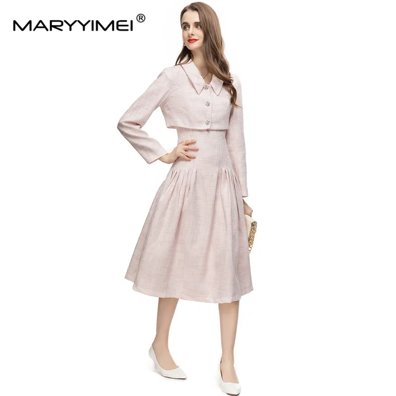 Imagem -03 - Maryyimei-conjunto Feminino de Duas Peças Top de Manga Comprida Jaqueta Curta Saia Fina de Spaghetti Comutador Elegante Tweed Tecido Moda