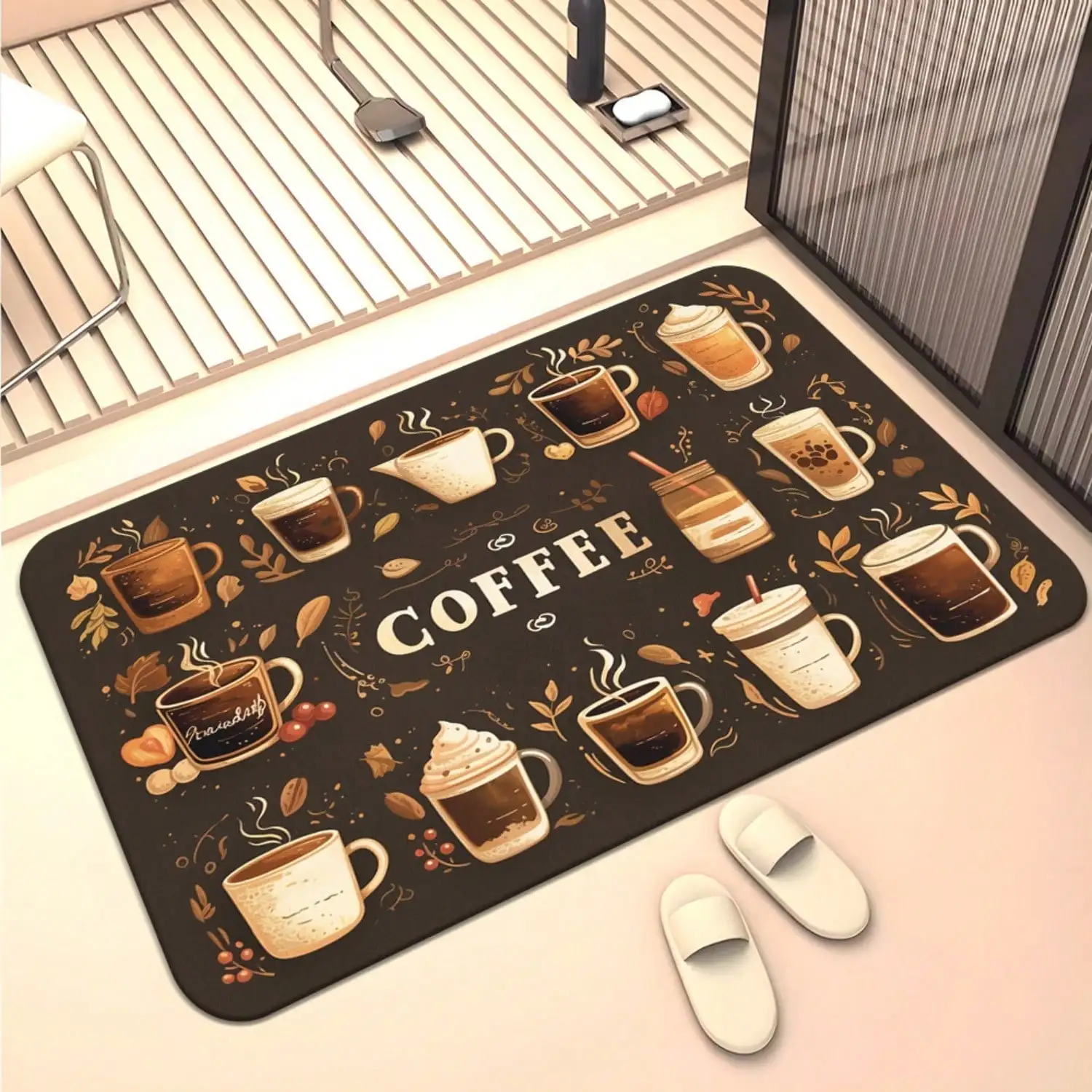 Coffee Cups HD Printed Door Mat - Non-Slip, Machine Washable Polyester Rug For Kitchen, Living Room, Bathroom - Absorbent Microfiber Floor Mat For Home Decor